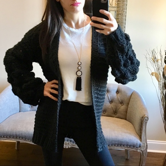 Black Pom Pom Cardigan - Picture 1 of 7